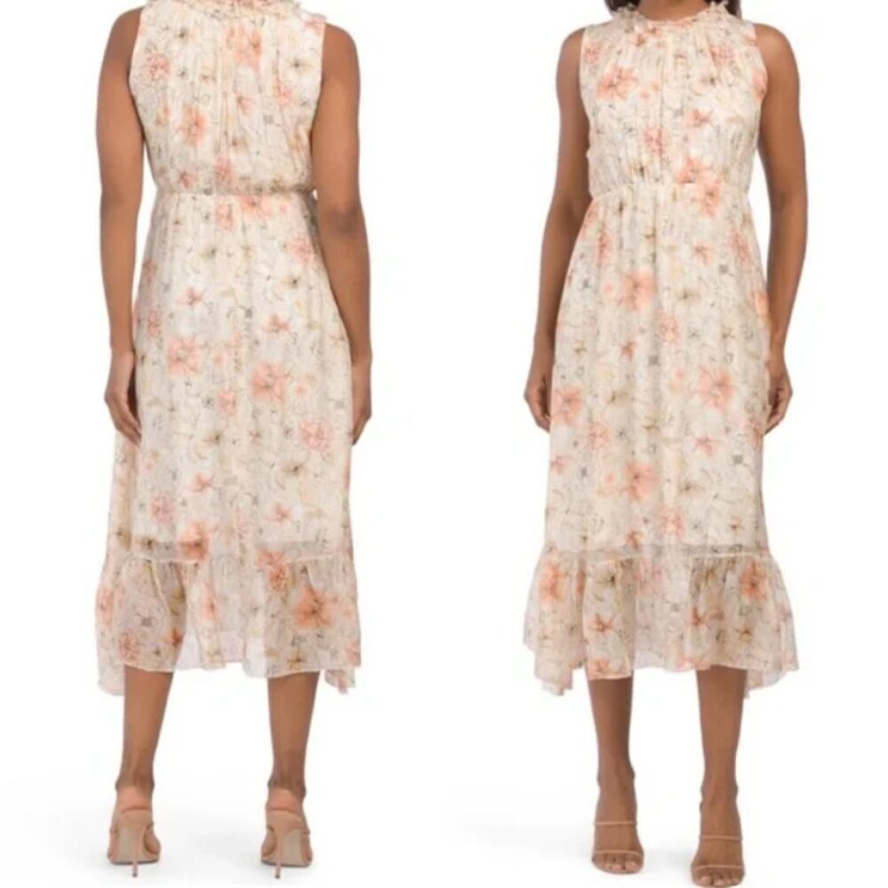 Le Ragazze Silk Floral Midi Dress Sleeveless Ruffles Tiered Formal Size Medium